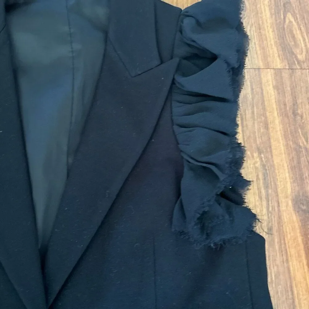 Theory black sleeveless blazer with silk raw edge ruffle sleeve detail 8
